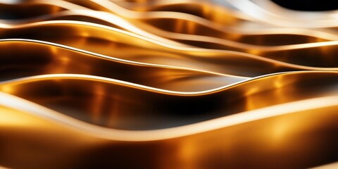 Close-up of smooth flowing golden metallic waves with glowing edges creating an abstract and elegant texture