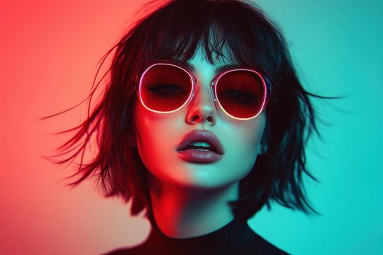 Portrait of a confident young woman wearing round sunglasses with bold red and blue lighting creating a dramatic and edgy atmosphere - Powered by Adobe