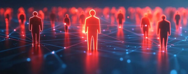 Abstract digital network composed of glowing red human figures connected by illuminated lines representing social or data connections
