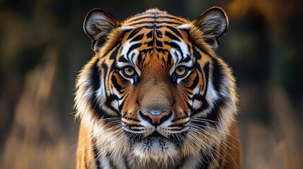 Fototapeta premium Close-up of a majestic tiger staring directly at the camera with intense and focused eyes in a natural blurred background