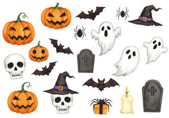 Obraz premium Halloween Pixel Art Elements Pumpkins Bats Ghosts and More isolated on transparent background
