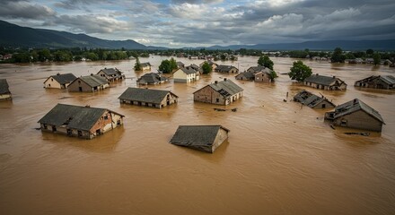 Devastating floodwaters inundate homes in a rural town after severe weather events, showing the impact of climate change and the urgent need for disaster relief and environmental protection