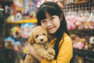 Cute girl with her poodle puppy in pet shop.