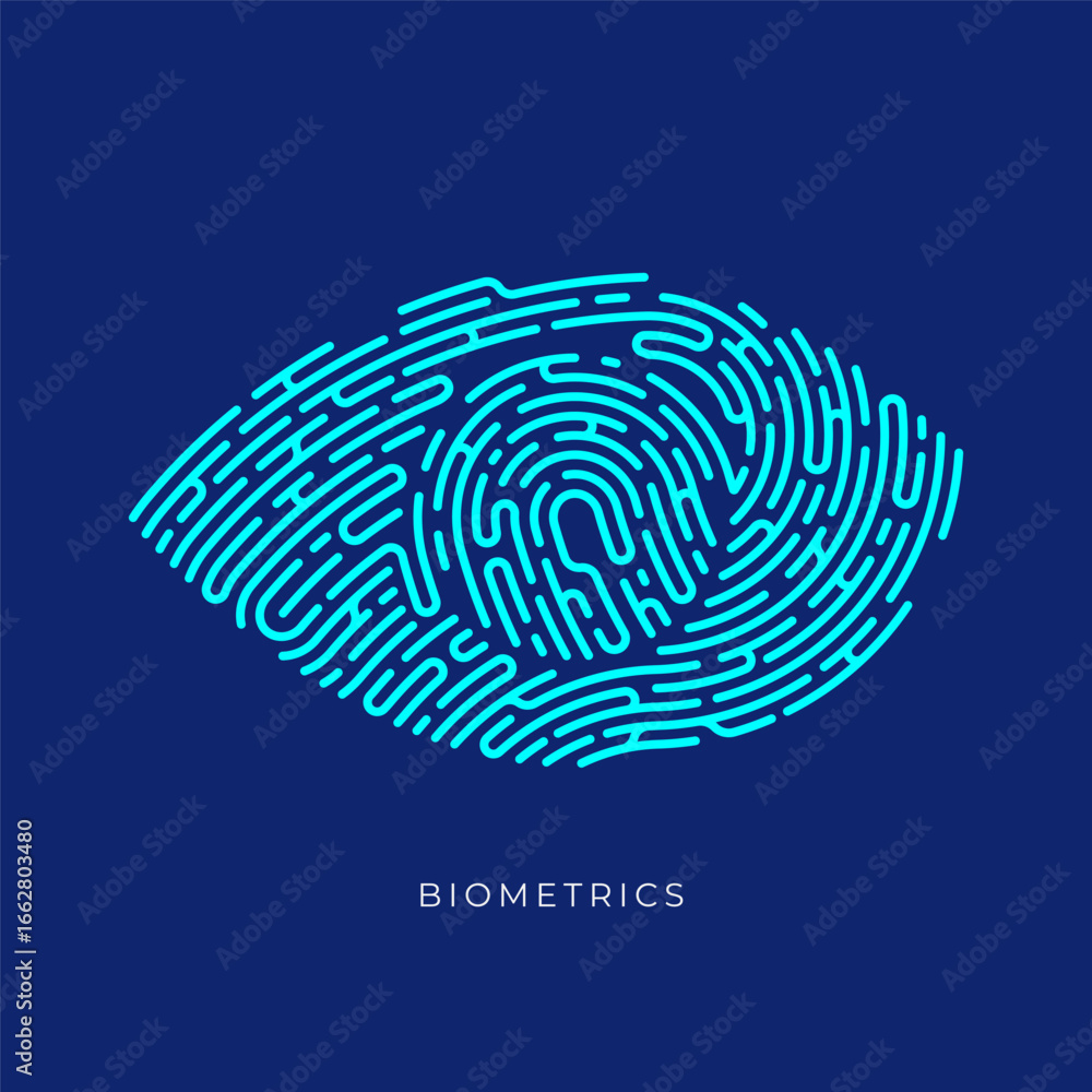 Poster concept of biometrics, lined graphic of eye combined with fingerprint presented in editable path