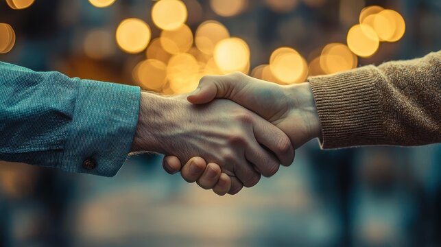 Close-up of two people shaking hands with warm bokeh lights in the background symbolizing agreement and connection