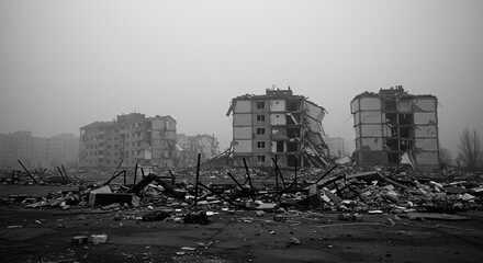 Eerie abandoned apartment blocks evoke a sense of devastation and loss in a bleak, desolate urban landscape, ideal for illustrating post-apocalyptic scenarios or the impact of conflict