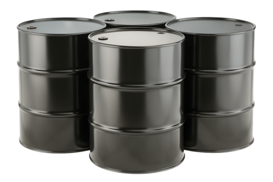 Group of Shiny Metal Industrial Barrels Stacked oil drum metal barrel isolated on a transparent background