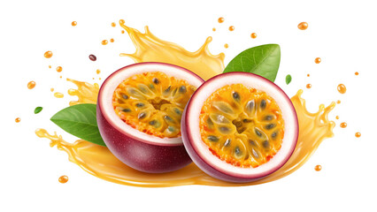Exotic Passion Fruit Slices with Splashing Juice A Tropical Delight for Healthy Eating and Refreshing Beverage Concepts a Delicious and Vibrant Fruit for Food Photography