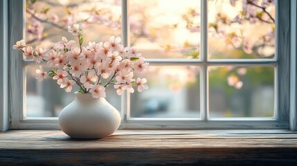Delicate light pink cherry blossom branches arranged in a white ceramic vase on a wooden windowsill with a soft warm glowing background through the window