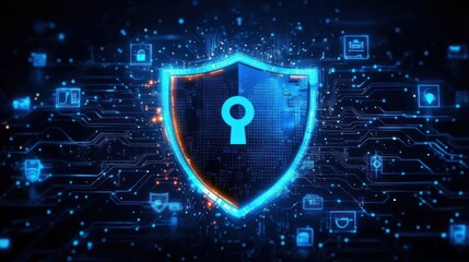 Glowing blue shield with keyhole symbol surrounded by digital circuit lines representing cybersecurity and data protection