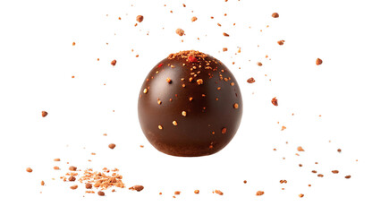 Exquisite dark chocolate truffle with colorful sprinkles and flying crumbs against black background for gourmet indulgence and confectionary delights