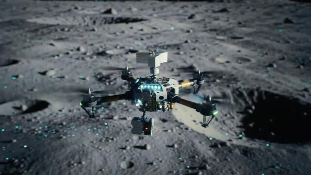 High-tech robotic drone on a desolate, crater-filled lunar landscape, embodying the future of advanced space exploration, autonomous missions, and the quest for scientific discovery
