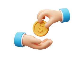 3d illustration of hands exchanging a gold dollar coin, symbolizing payment or financial transaction, isolated on transparent background