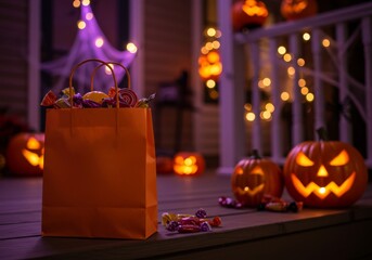 Halloween candy bag on porch with pumpkins and lights