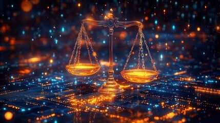 Glowing golden balance scale hovering above an illuminated digital circuit board showcasing justice and technology integration in a futuristic setting