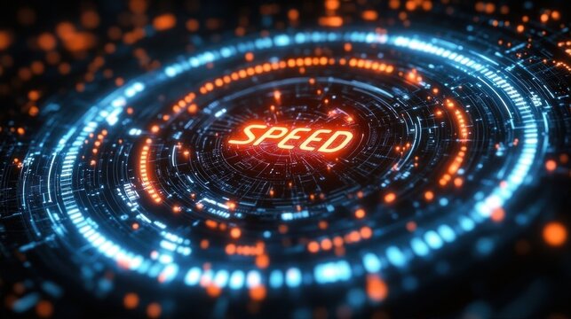 futuristic digital interface with glowing circular patterns and the word speed in bright orange letters at the center symbolizing fast technology and data flow