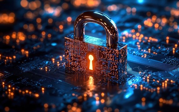 A glowing padlock with circuitry patterns placed on a digital circuit board illuminated with blue and orange lights representing cybersecurity and data protection