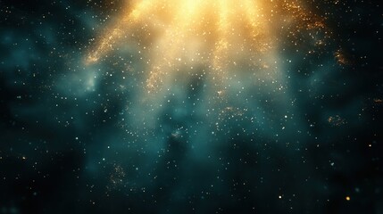 Golden light beams shining through dark mist with sparkling particles creating a mystical and ethereal atmosphere