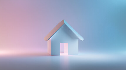 Minimalist house model in soft blue and pink lighting background  