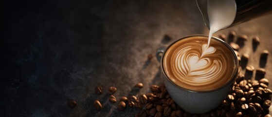The latte art creation in a cozy coffee setting with roasted beans.