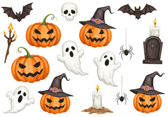 Halloween Elements Pumpkins Ghosts Bats and Witch Hats isolated on transparent background
