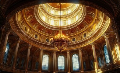 Luxurious interior of a grand dome with ornate golden decorations, large arched windows, tall columns, and a glowing chandelier illuminating the space majestically