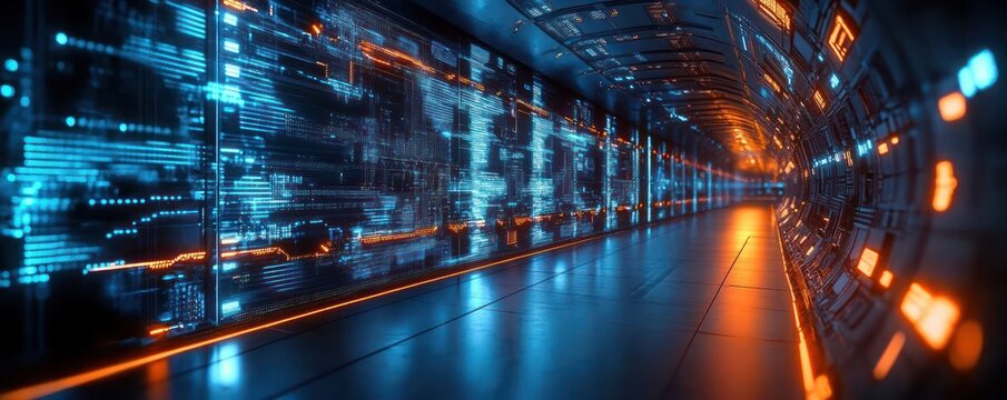 Futuristic tunnel corridor illuminated with glowing blue and orange digital interface panels evoking a high-tech atmosphere