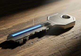 A futuristic key with blue light on a wooden surface