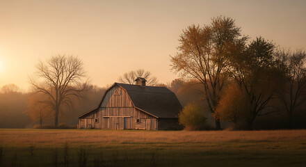 Fototapeta premium A serene view of a wooden barn nestled in a golden field at sunrise with trees surrounding it ai generated