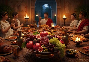 Ancient roman feast with people and abundant food table
