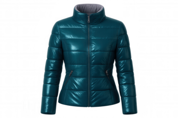 Teal padded women's jacket gleaming in studio setting, highlighting contemporary fashion design against clean transparent backdrop