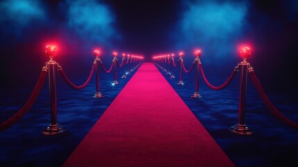 A glowing red carpet pathway lined with velvet ropes and illuminated stanchions in a dark foggy environment, evoking a sense of glamour and exclusivity