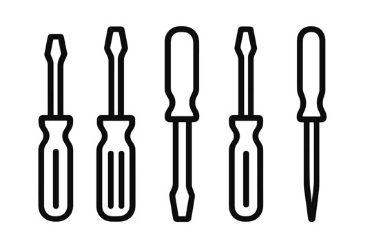 Collection of various screwdriver tools arranged in a line for maintenance or repair activities in a workshop setting
