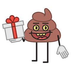 Poop character half turn holding gift box and smiling