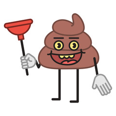 Poop character half turn holding plunger and smiling