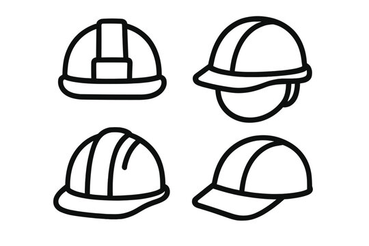 Various styles of construction and safety helmets displayed in a simple line art format for educational purposes