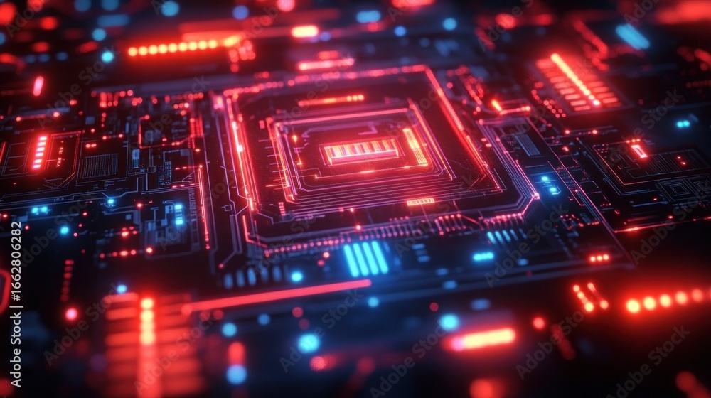 Poster close-up of a futuristic glowing microchip circuit board with vibrant red and blue lights illustrati