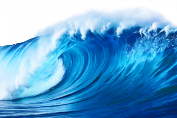 Majestic Blue Ocean Wave Barrel with White Foam and Water Droplets surf isolated on a transparent background
