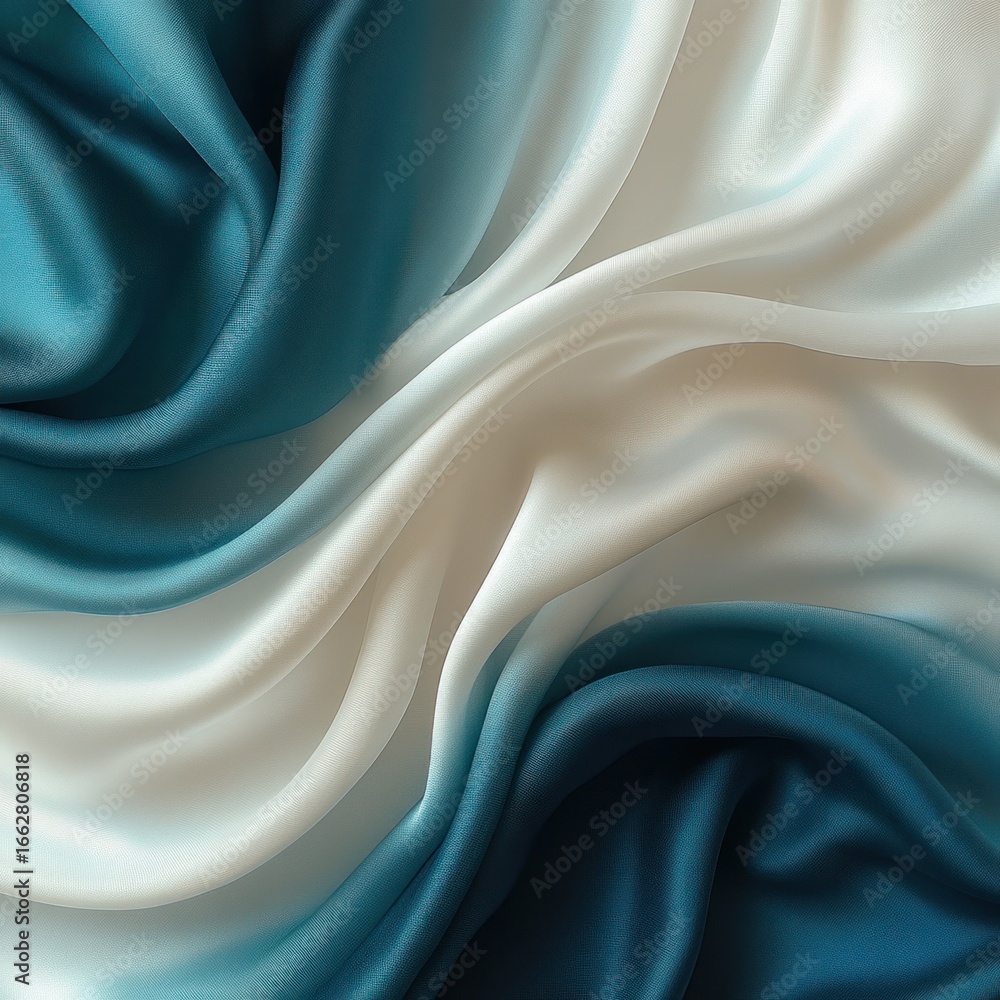Poster luxurious smooth satin fabric in flowing waves with gradient shades of teal and white creating a sof