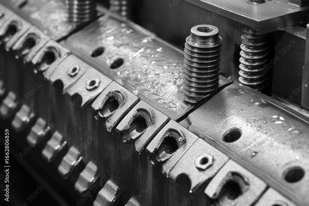 Poster close-up view of metallic industrial machine components with bolts and threaded screws showing detai