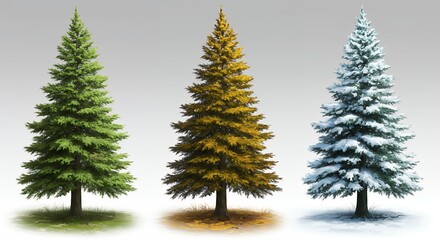 Obraz premium Three Evergreen Trees in Seasonal Transition with Green Yellow and Snowy Foliage
