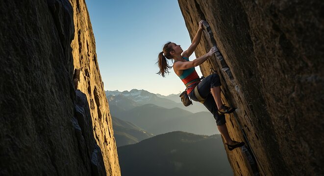 Woman rock climbing outdoor adventure in the mountains athletic challenge