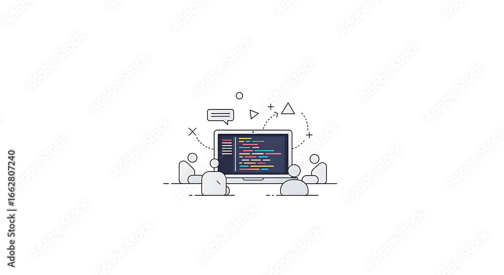 Poster a laptop displaying code surrounded by people and abstract shapes on a white background design style