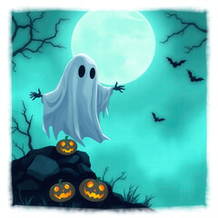 Whimsical ghost hovers over glowing jack-o'-lanterns on a spooky Halloween night