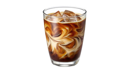 Iced coffee drink with swirling cream served in a clear glass with ice cubes representing a refreshing summer beverage concept perfect for a coffee break