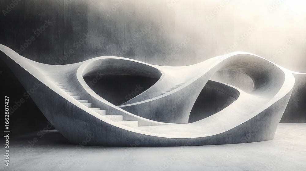 Aufkleber futuristic abstract concrete structure with flowing curves and integrated staircases in a minimalist