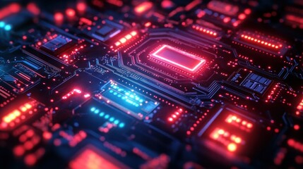 Obraz premium Close-up of a glowing electronic circuit board with illuminated red and blue lights highlighting intricate technological components
