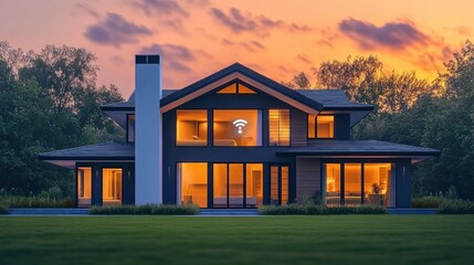 Modern two-story house with large windows illuminated warmly at sunset surrounded by trees and green lawn, symbolizing comfort and connectivity with a visible wifi icon inside