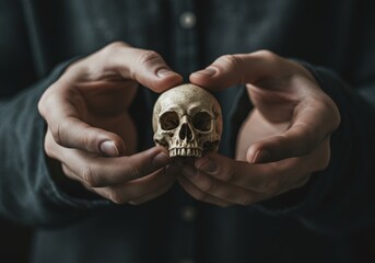 Fototapeta premium Hands holding a small skull, dark and moody atmosphere