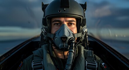 Fototapeta premium Fighter pilot inside cockpit wearing helmet and mask looking forward